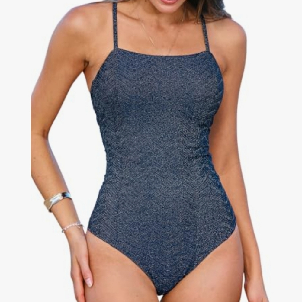 NWT Cupshe Navy Sparkle Tummy Control One Piece Size Medium